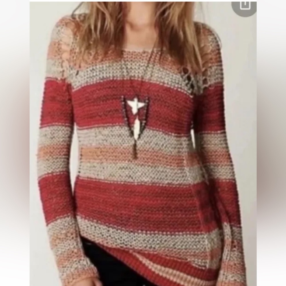 Free People Desert Moon Sweater Cream Rust Size Medium Open Knit